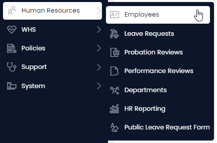 A screenshot of the user clicking on the &quot;Human Resources&quot; menu folder, and then the &quot;Employees&quot; menu item.